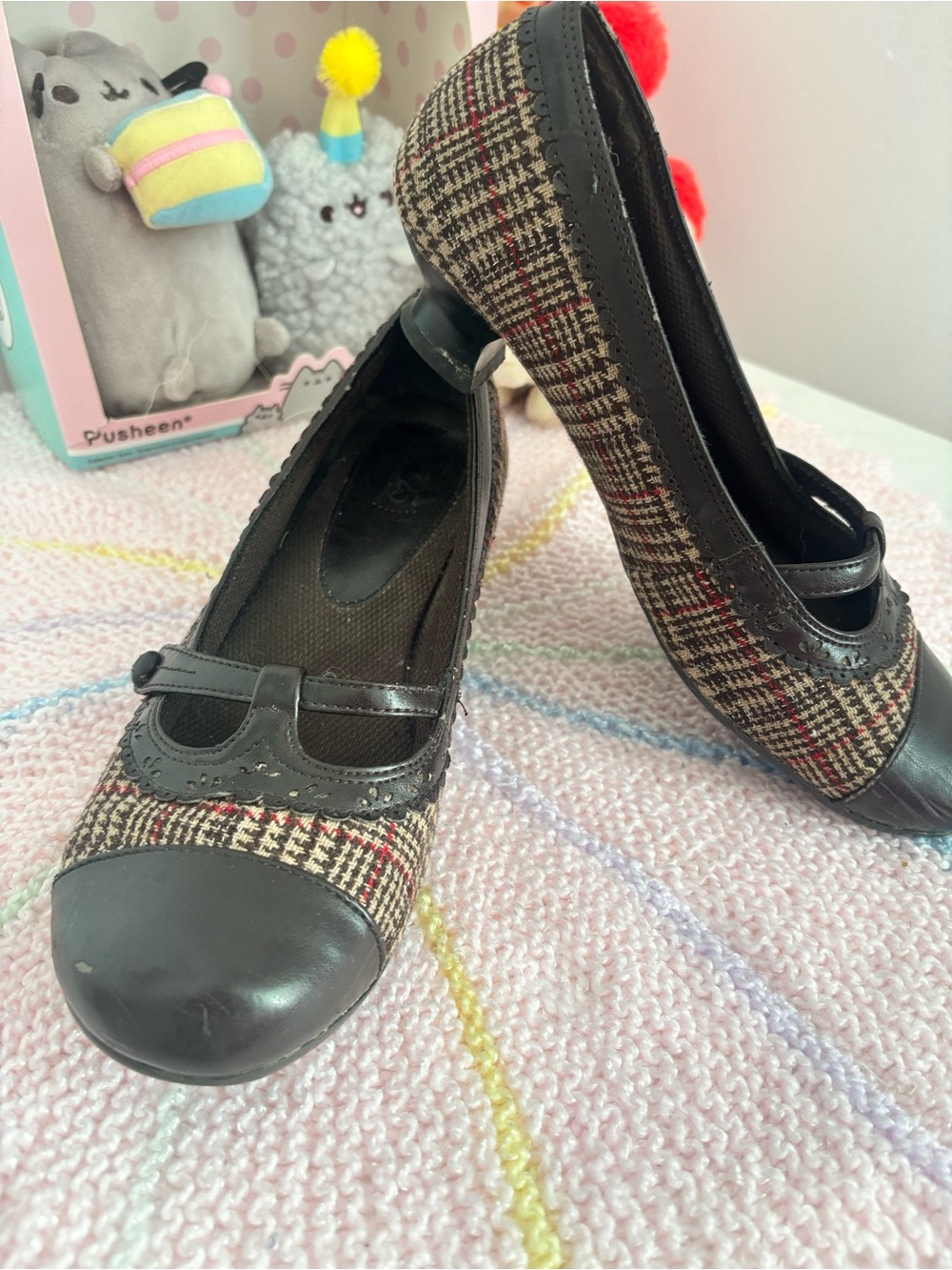 Vintage Y2K Plaid Mary Jane Kitten Heels - 725 Originals Academia Brown Tartan